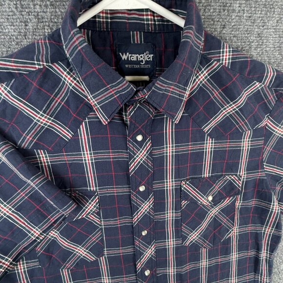 VTG Wrangler Short Sleeve Men Pearl Snap Up Shirt Adult Western Plaid Blue Red L - Picture 2 of 13
